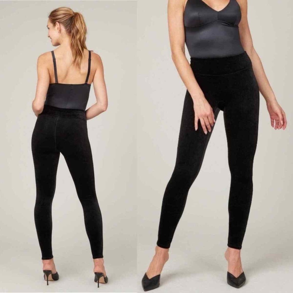 Spanx Women’s Black Velvet Velour Leggings Mid Rise Size Large